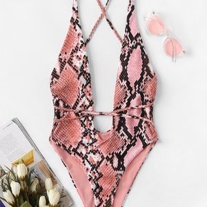 Pink snakeskin one piece bikini swimsuit